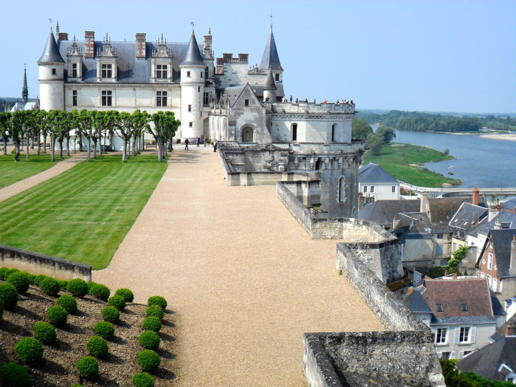 Chateau on the Loire River and valley in distance